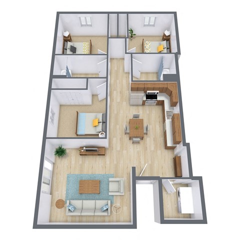 Floor plan for 3 beds, 2 baths, 925 sqft